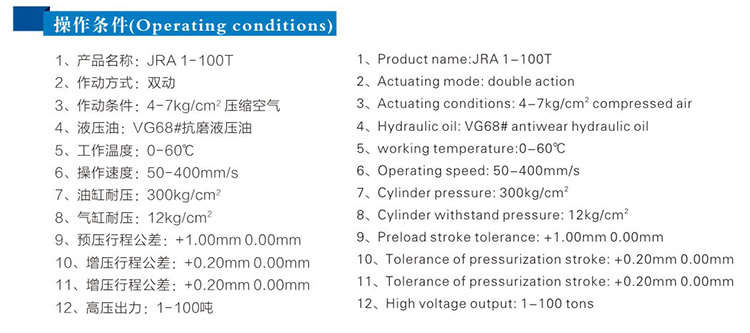 JRA标准型气液增压缸操作条件