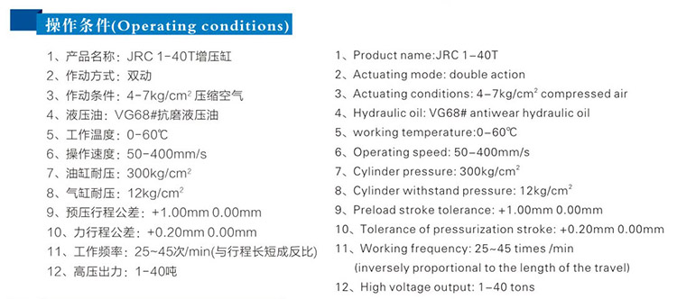 JRC总行程可调气液增压缸操作条件