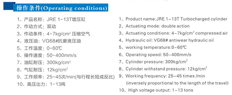 JRE水平安装直压式增压缸操作条件