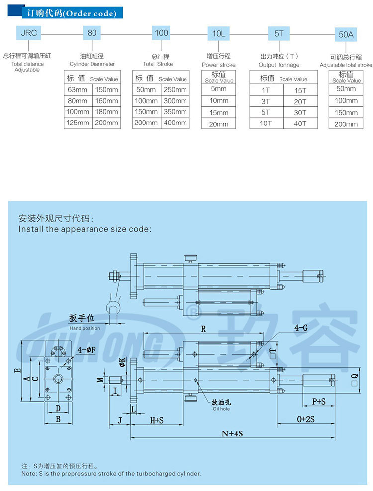 总行程可调气液增压缸订购尺寸代码