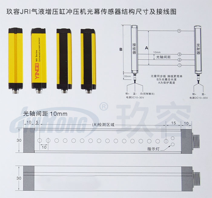 玖容JRI气液增压缸冲压机光幕传感器结构尺寸及接线图