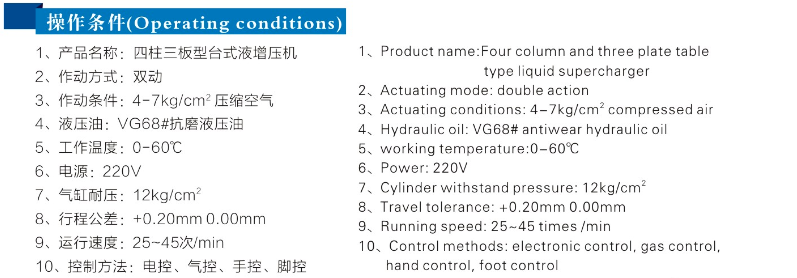 四柱标准型气液增压机产品操作条件
